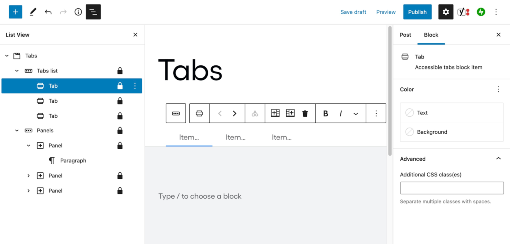 Capture d'écran de l'interface utilisateur du block tabs